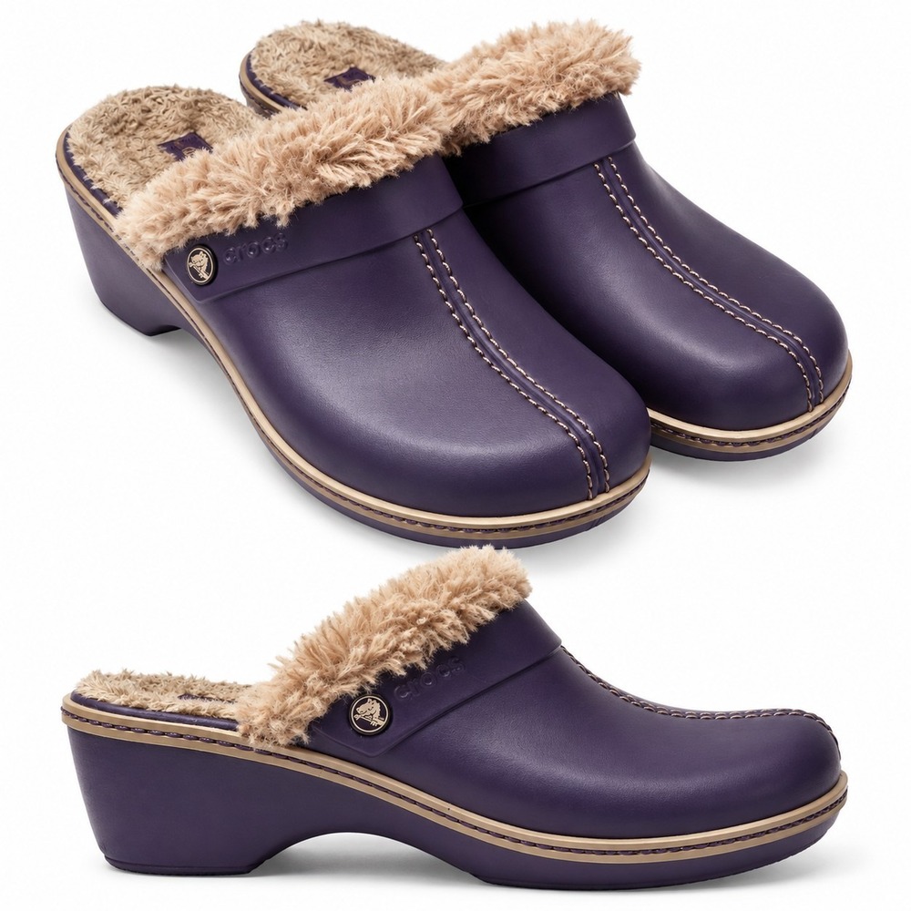 CROCS Cobbler Faux Fur Lined Mule Clogs Womens Sz 8 Dark Purple Beige Slip-On